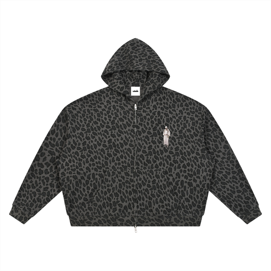 Unisex Leopard Print Waffle Full Zip Hoodie
